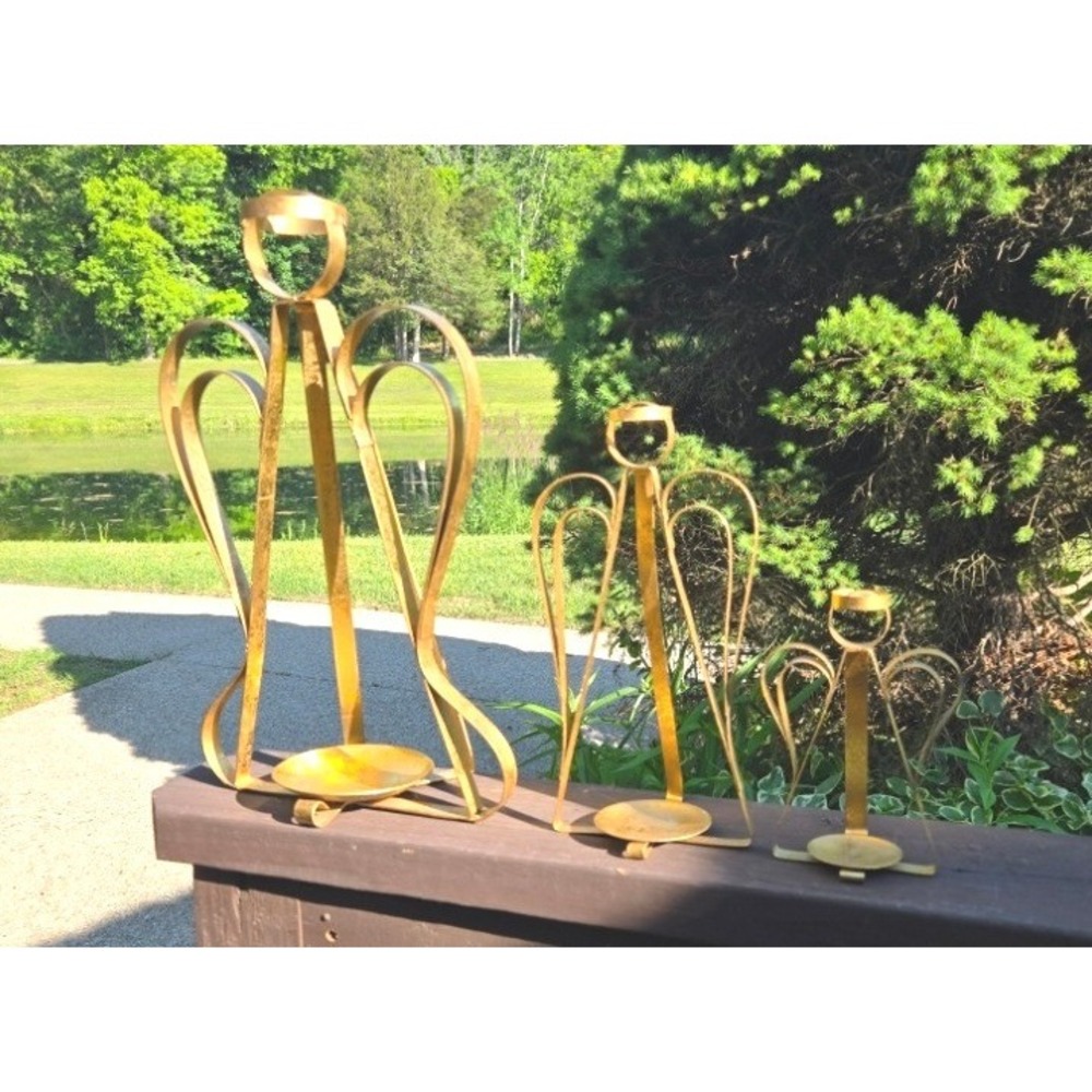 Vintage JCPenney Holiday Novelties Brass Angel Candle Holder Trio 6" 10" 16"